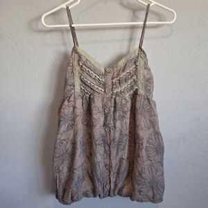 2000's Bubble Hem Cami with Floral, Button & Lace Detail, Beige, Tan, Slate, L